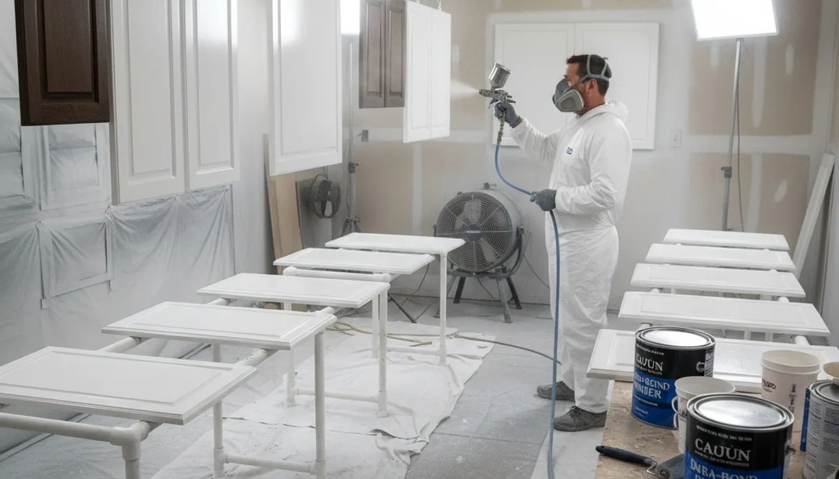 Professional cabinet painting process in New Orleans LA with smooth spray finish for kitchen renovation