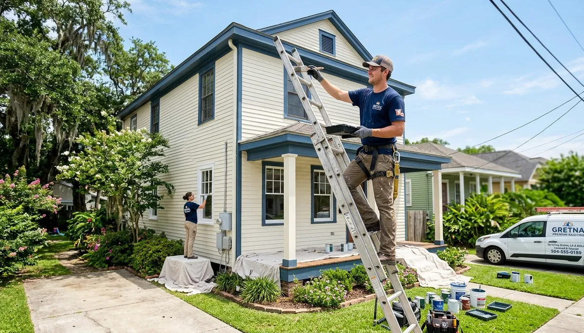 Professional house painters working on residential exterior in New Orleans, LA