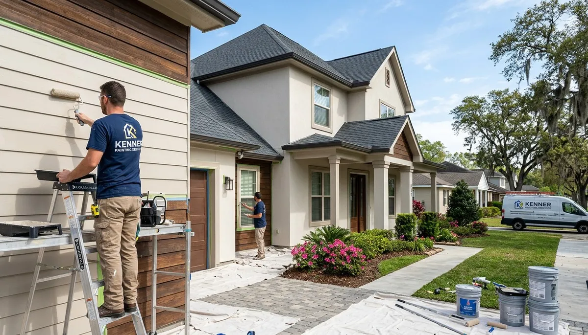 Professional house painters working on exterior home in New Orleans, LA