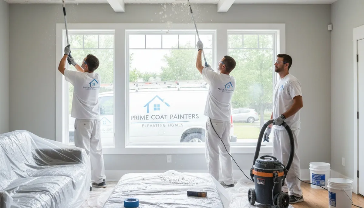 Contractor removing popcorn ceiling in New Orleans LA home for smooth modern ceiling finish